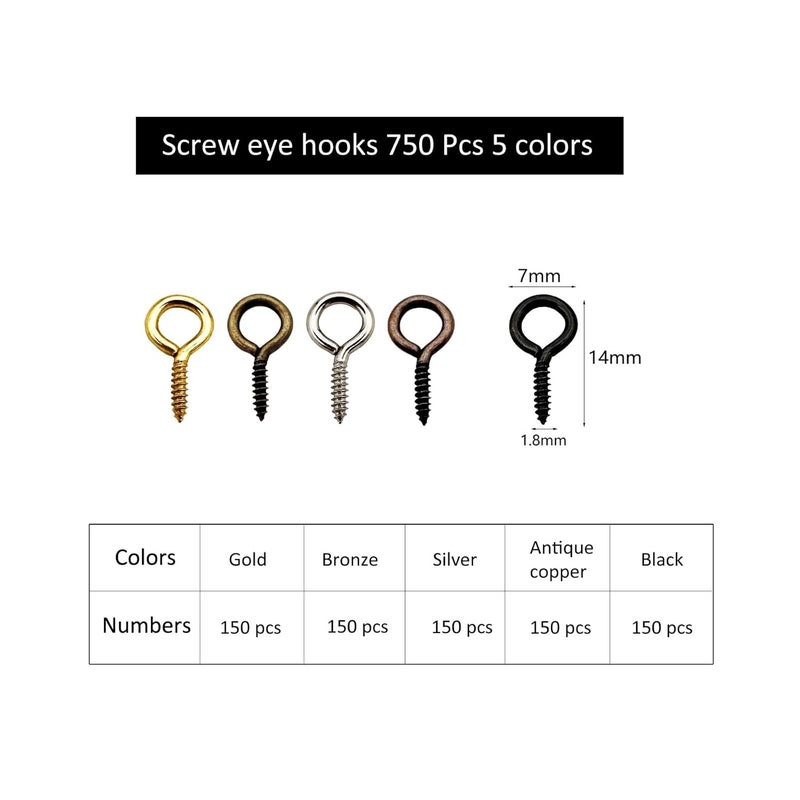 IDEALSV Small Screw Eyes Pin Hooks, 750 Pcs 0.55 Inch Screw in Hook for Jewelry, Cork Bottles,Resin, Bead, 7mm*14mm Small Eye Rings Eyelet Hook for Craft 5 Colors - Image 3